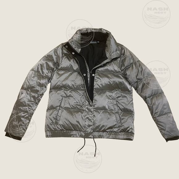 Athleta M Metallic Gray Goose Down Puffer Jacket | 90% Down Warm Silver Coat - Picture 3 of 9